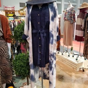Blue Tie Dye Duster with Pockets & Side Slits